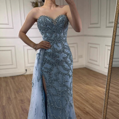 Luxury Dubai  Saudi Arabic Blue Beaded Evening Gown Formal Slit LA72877