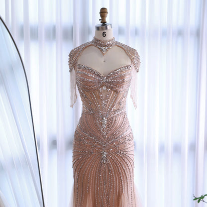 Luxury Dubai Beaded Blue Pink Evening Dress with Tassel Cape LA72897A