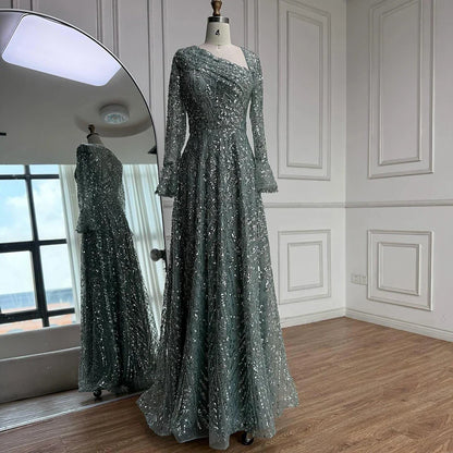 Luxury Turquoise Beaded A-Line Evening Dress with Puffy Sleeves LA73177