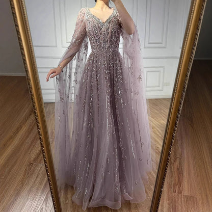Luxury Nude Beaded Evening Dress with Cape Sleeves for Formal Occasion LA72764A