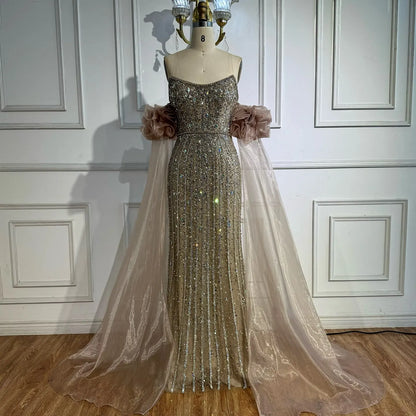 Luxury Pink Beaded Mermaid Evening Dress with Puff Sleeves LA72569