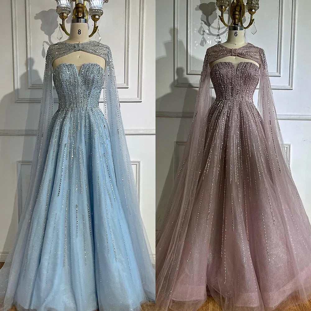 Serene Hill 2025 Arabic Blue Cape Sleeves A-Line Beaded Evening Dresses Long Celebrity Gowns for Women Wedding Party LA72427