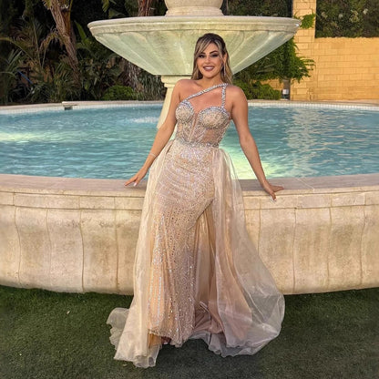 Luxury Nude One Shoulder Beaded Mermaid Evening Dress LA73358