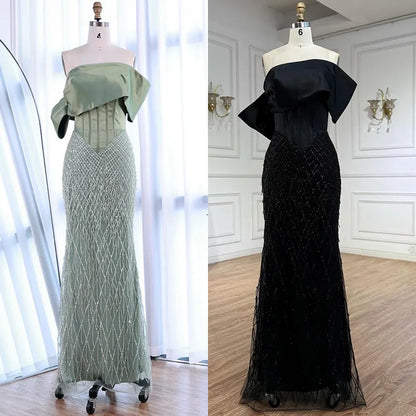 Sage Green Off Shoulder Tassel Beaded Mermaid Evening Dress LA73037