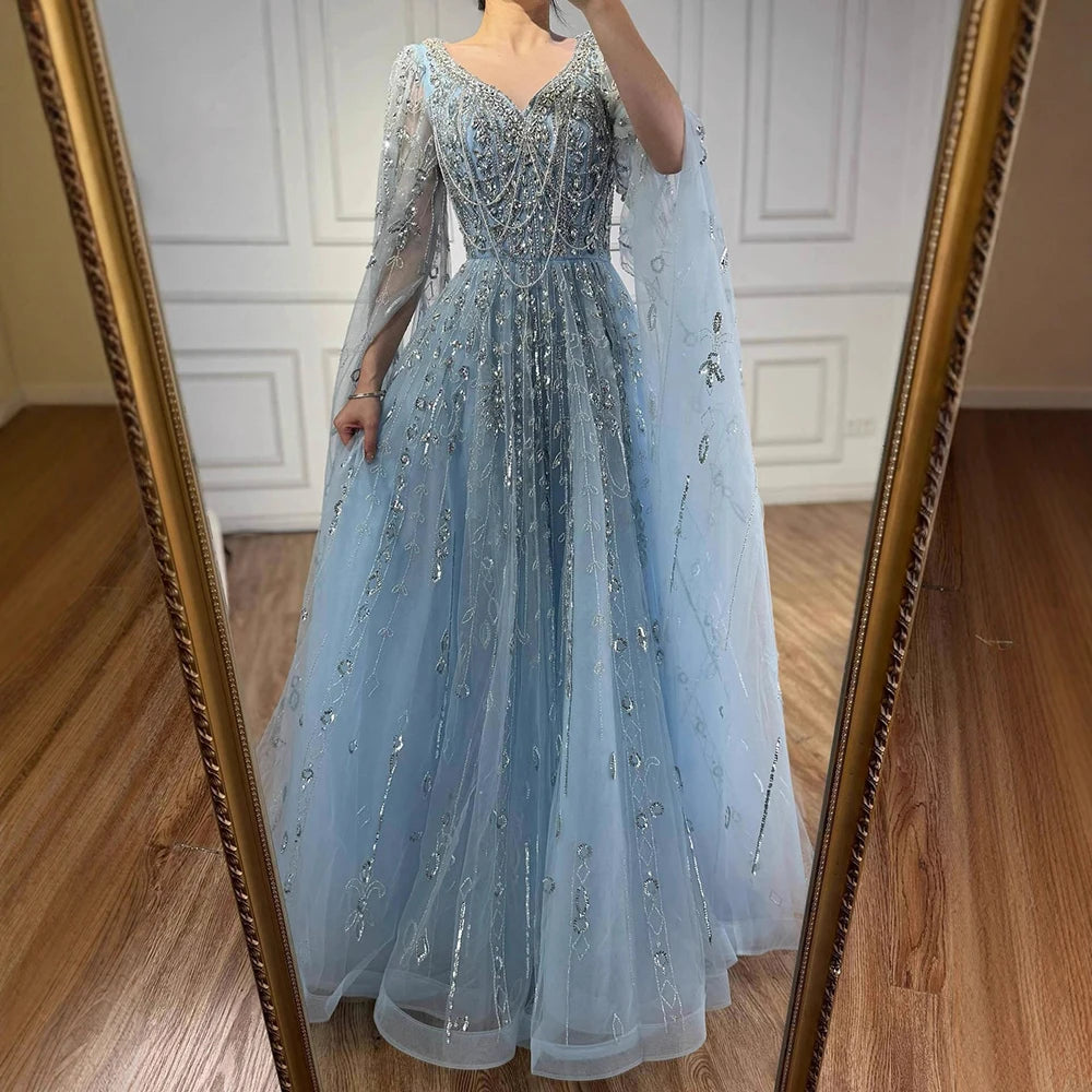 Luxury Nude Beaded Evening Dress with Cape Sleeves for Formal Occasion LA72764A