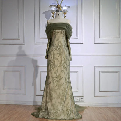 Elegant Olive Green Evening Dress with Lace Sleeves LA72942