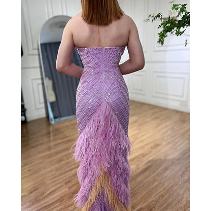 Lilac Feather Halter Mermaid Luxury Dubai Evening Dress LA72056