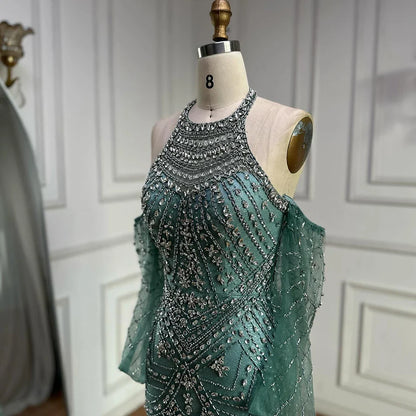 Luxury Turquoise Mermaid Evening Dress Detachable Sleeves LA72925