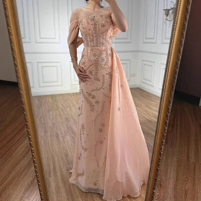 Luxury Nude Off Shoulder Pearl Beaded Mermaid Evening Dress with Overskirt LA73109