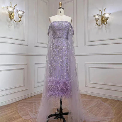 Dubai Luxury Feathers Lilac Evening Dress with Cape Sleeves LA71841