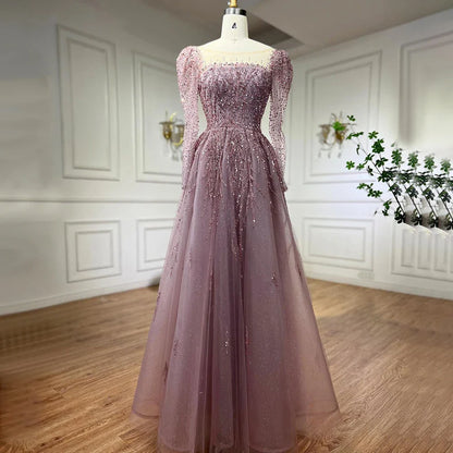 Luxury Dusty Pink Long Sleeves A-Line Evening Dress LA71915