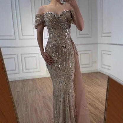 Luxury Nude Beaded Mermaid Evening Dress with Overskirt LA72911