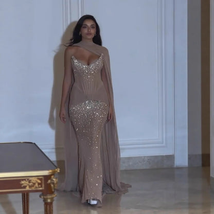 Luxury Arabic Nude Beaded Corset Evening Dress LA73343