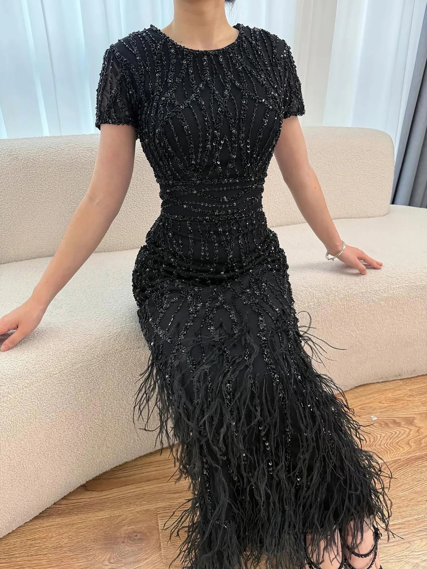 White Nude Ankle Length Beaded Evening Dress with Feathers LA72076A