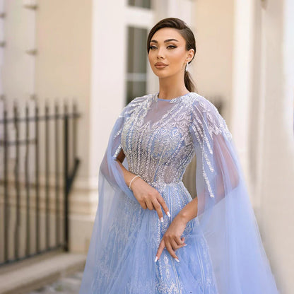 Serene Hill  Muslim A-Line Blue Beaded Luxury Evening Gowns with Cape Sleeves for Women's Party Dubai LA72666