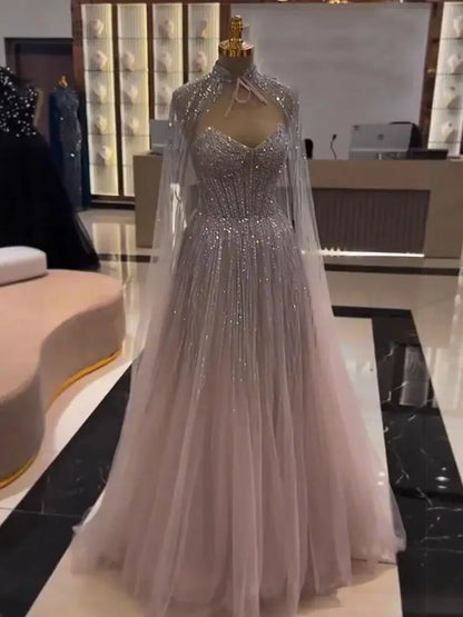 Luxury Pink Strapless Tulle Beaded A-Line Evening Dress LA73104