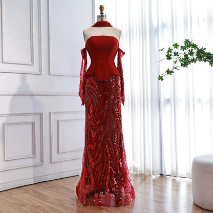 Luxuriöses weinrotes Meerjungfrauen-Abendkleid mit Handschuhen LA73050E