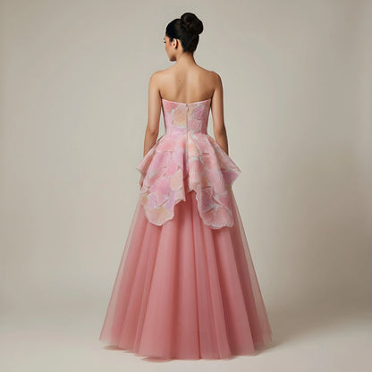 Luxury Peach Floral Appliqué A-Line Sparkly Evening Dress LA73185