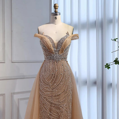 Luxury Nude Mermaid Off Shoulder Beaded Evening Dress with Overskirt LA73131