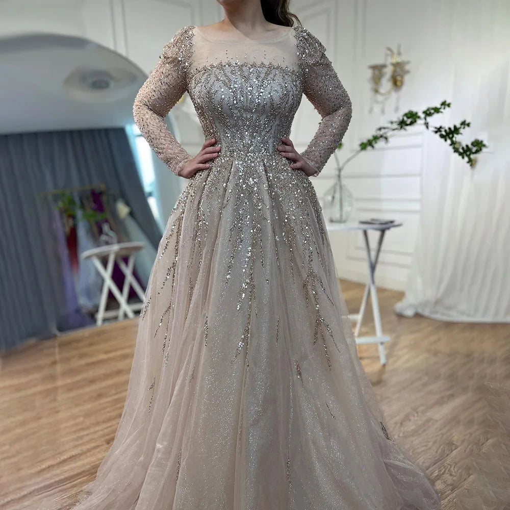 Luxury Dusty Pink Long Sleeves A-Line Evening Dress LA71915