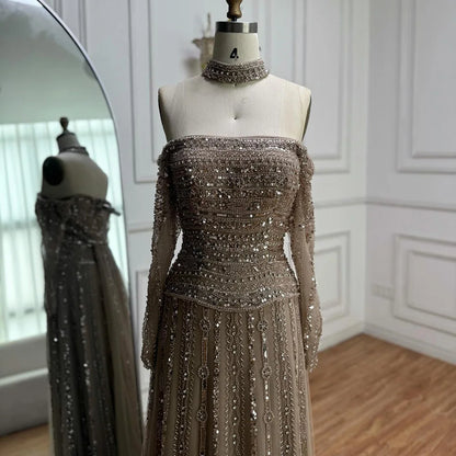 Luxury Caramel Off Shoulder Beaded Mermaid Evening Dress Long Sleeves LA73053