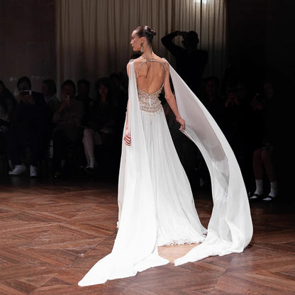 Luxury White Chiffon Cape Evening Dress with Beaded Bodice LA73123