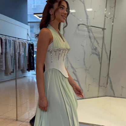 Luxury Designer Sage Green Chiffon Halter Beaded   Evening Dress LA73074