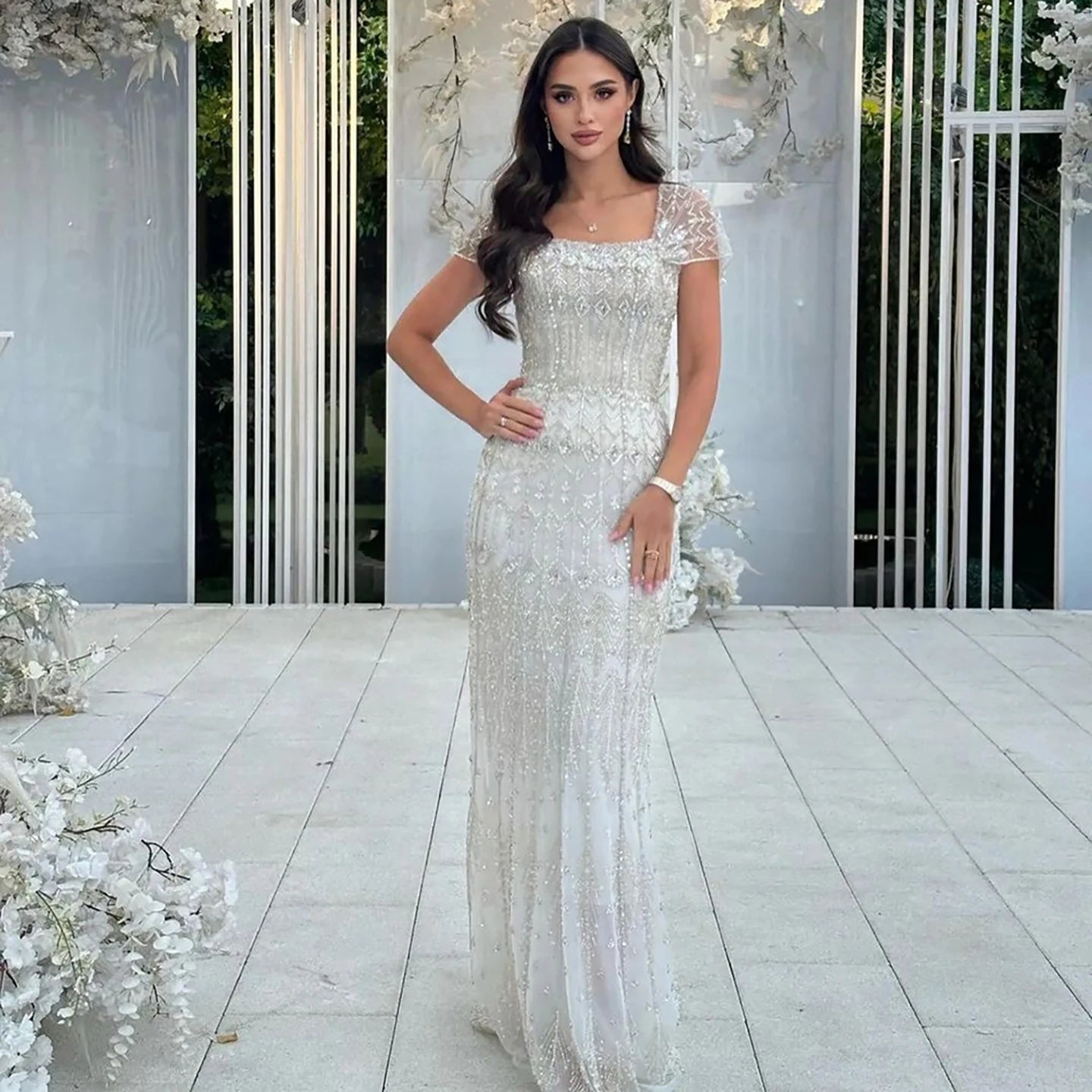 Luxury White Mermaid Beaded Evening Dress with Short Sleeves LA72714