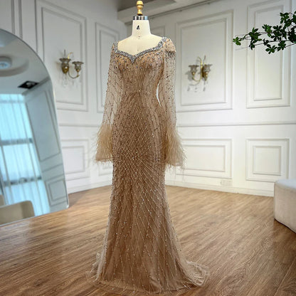 Luxury Nude Beaded Evening Dress with Feather Cuffs LA72892