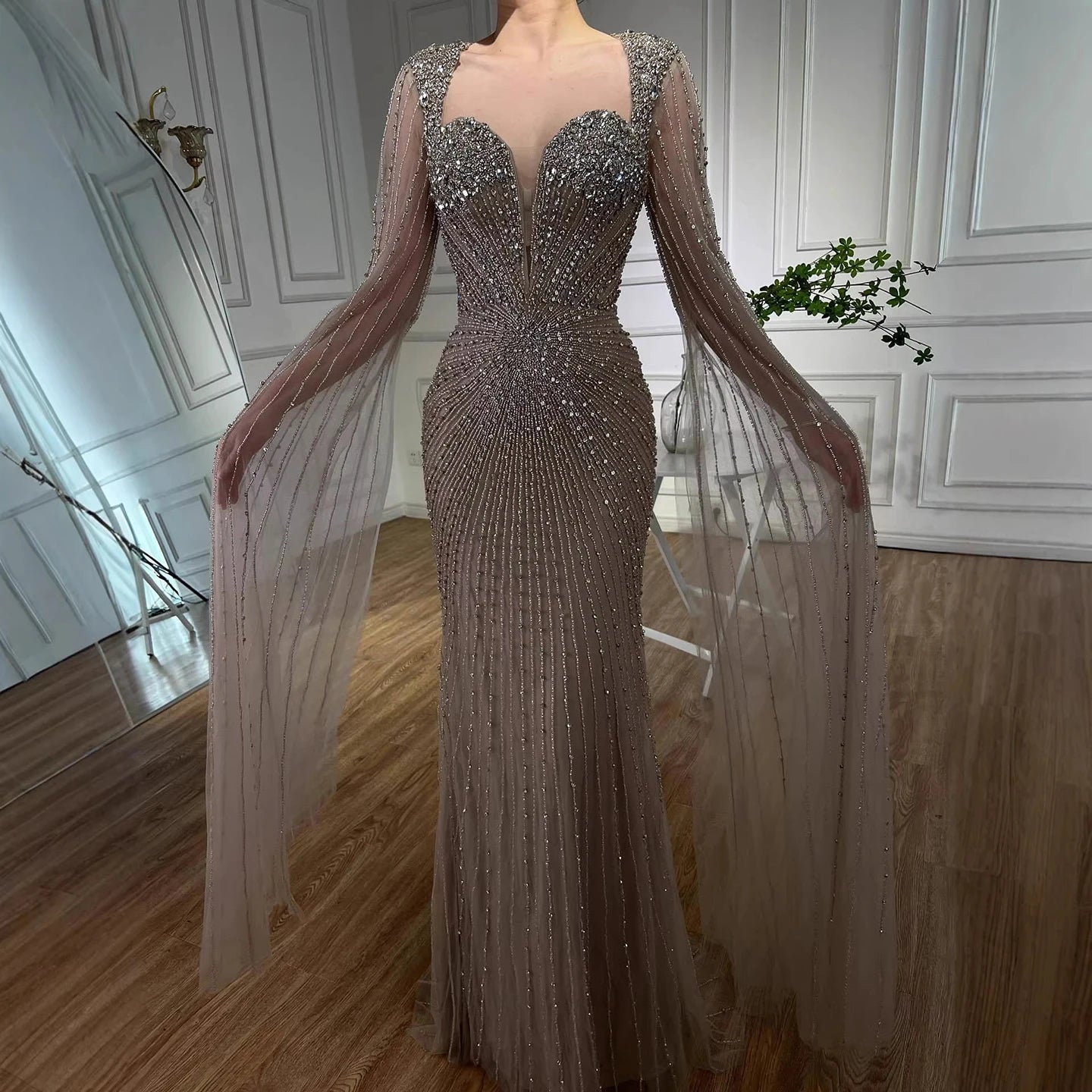 Luxury Caramel Crystal Beaded Mermaid Evening Dress with Cape LA72575D