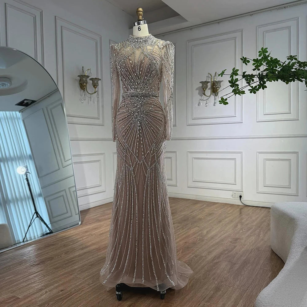 Modest Caramel High Collar Evening Dress for Wedding Guest LA73203