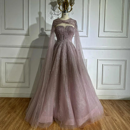 Serene Hill 2025 Arabic Blue Cape Sleeves A-Line Beaded Evening Dresses Long Celebrity Gowns for Women Wedding Party LA72427