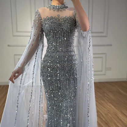 Luxury Nude Beaded Evening Dress with Long Cape Sleeves LA72714A