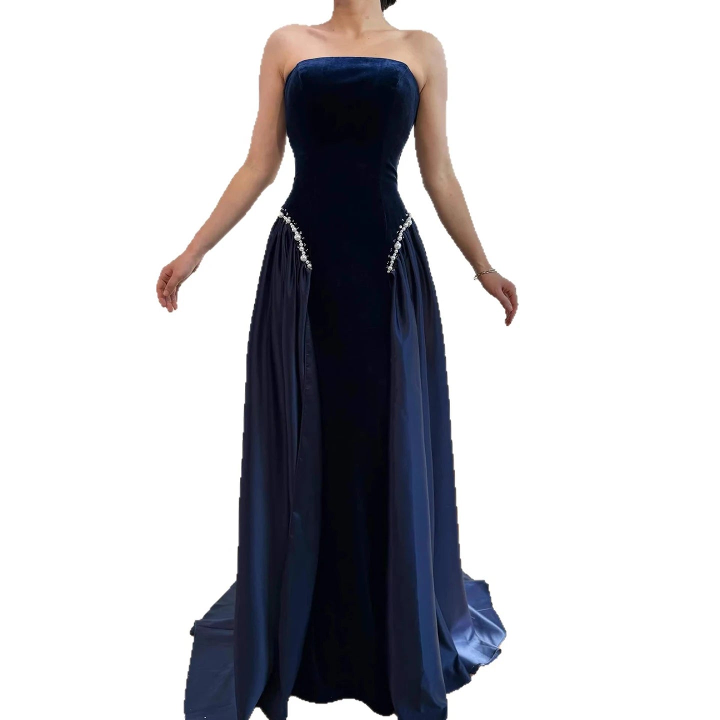 Luxury Navy Blue Mermaid Pearls Evening Dress Gowns With Skirt LA73351