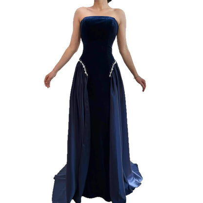 Luxury Navy Blue Mermaid Pearls Evening Dress Gowns With Skirt LA73351