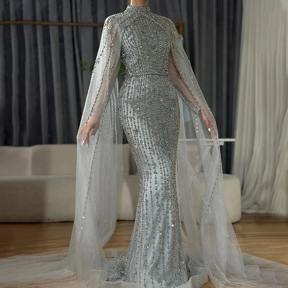 Luxury Modest Nude Pearls Beaded Evening Dress With Long Sleeves Cape LA72372