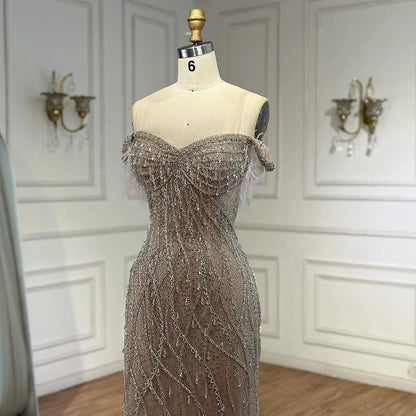 Luxury Nude Beaded Feather Mermaid Evening Dress Dubai Style LA72818