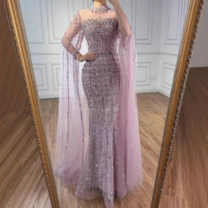 Luxury Nude Beaded Evening Dress with Long Cape Sleeves LA72714A