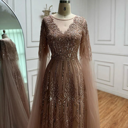Elegant Beaded A-Line Evening Dress with Cape Sleeves LA73056