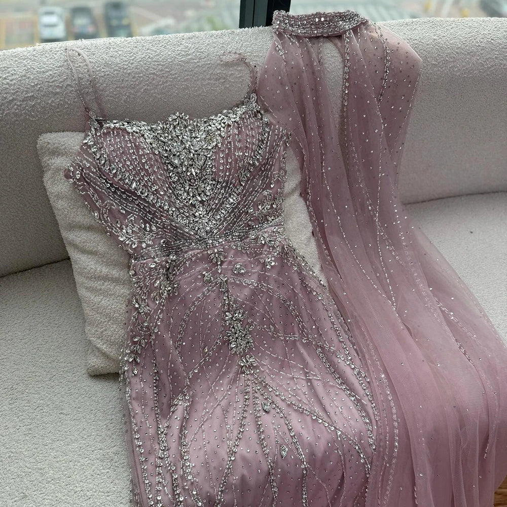 Luxury Dubai Nude Mermaid Evening Dress with Cape Sleeves LA73195