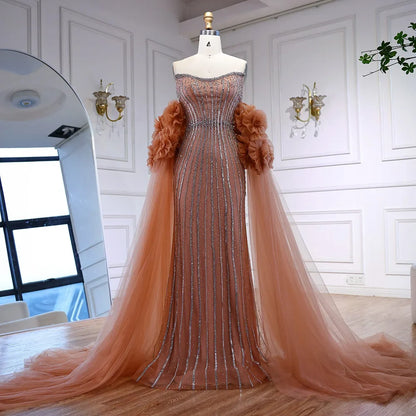 Luxury Pink Beaded Mermaid  Arabic Evening Dress with Cape LA73019