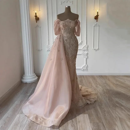 Luxury Nude Off Shoulder Pearl Beaded Mermaid Evening Dress with Overskirt LA73109
