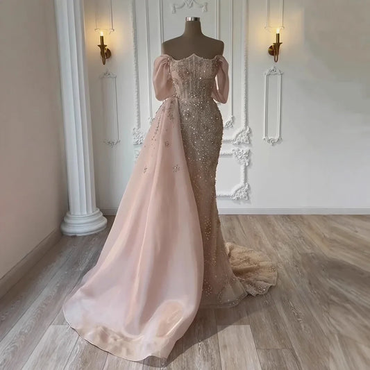 Luxury Nude Off Shoulder Pearl Beaded Mermaid Evening Dress with Overskirt LA73109