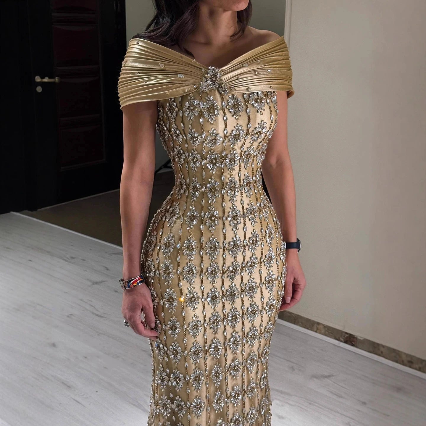 Luxury Gold Arabic Ruffles Evening Dress LA73362