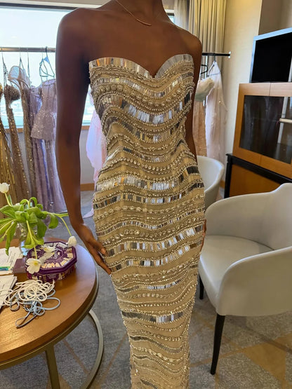 Luxury Silver Nude Beaded Mermaid Evening Dress LA73449