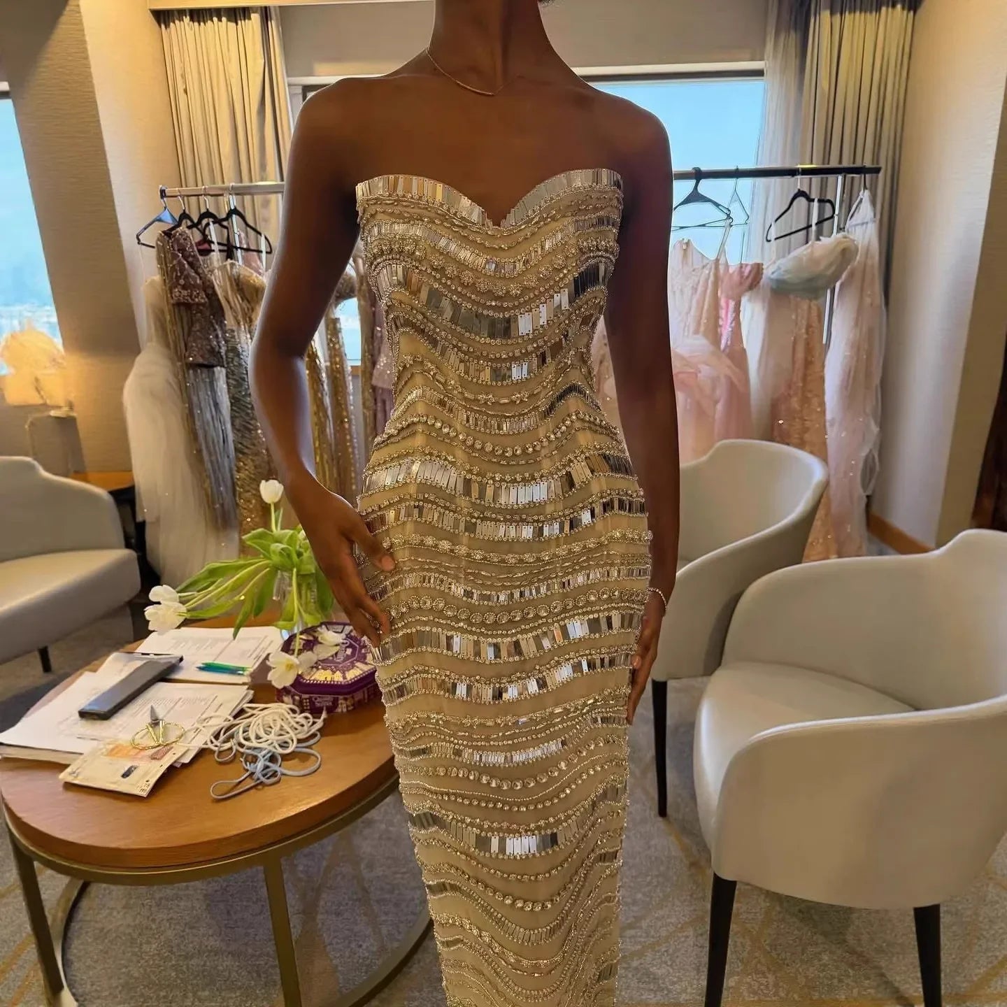 Luxury Silver Nude Beaded Mermaid Evening Dress LA73449