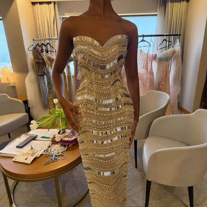 Luxury Silver Nude Beaded Mermaid Evening Dress LA73449