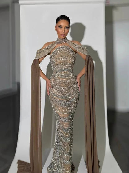 Luxury Caramel Kosovo Beaded Evening Dress with Cape LA73344