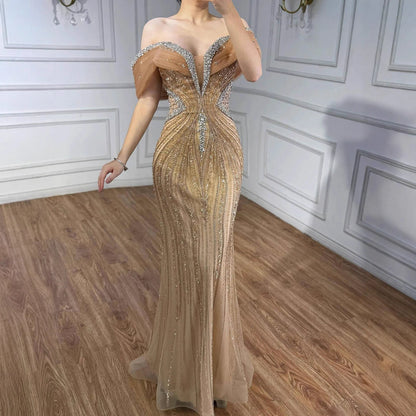Luxury Saudi Arabic Gold Luxury Crystal Beaded Mermaid Evening Dress LA73142A