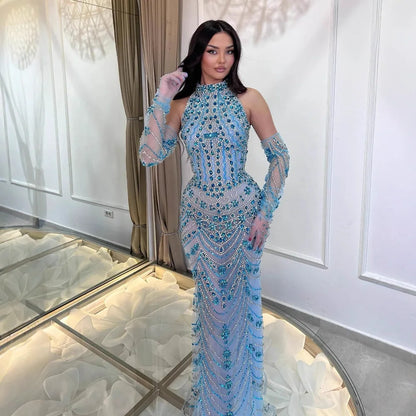 Luxury Dubai Arabic Blue Beaded Evening Dress with Gloves LA72760A